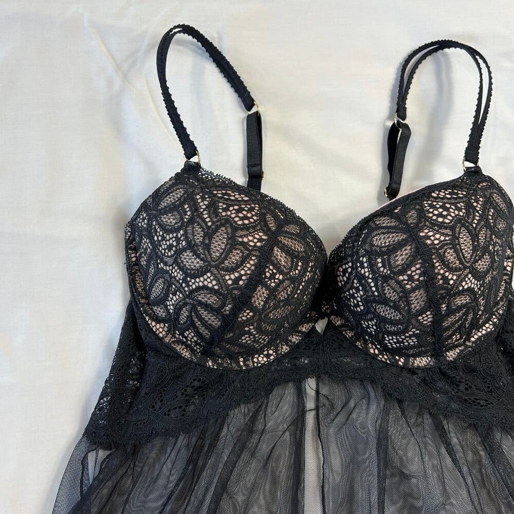 Victoria’s Secret Black Lace Sheer Babydoll Lingerie Top 36D - Picture 4 of 7